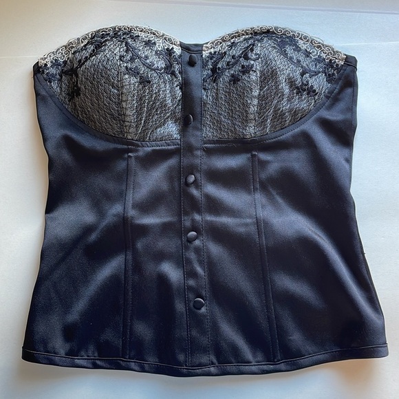 Y2K Lace Bustier Top Medium Black Button Satin Corset Boning CottonExpress - Picture 2 of 14